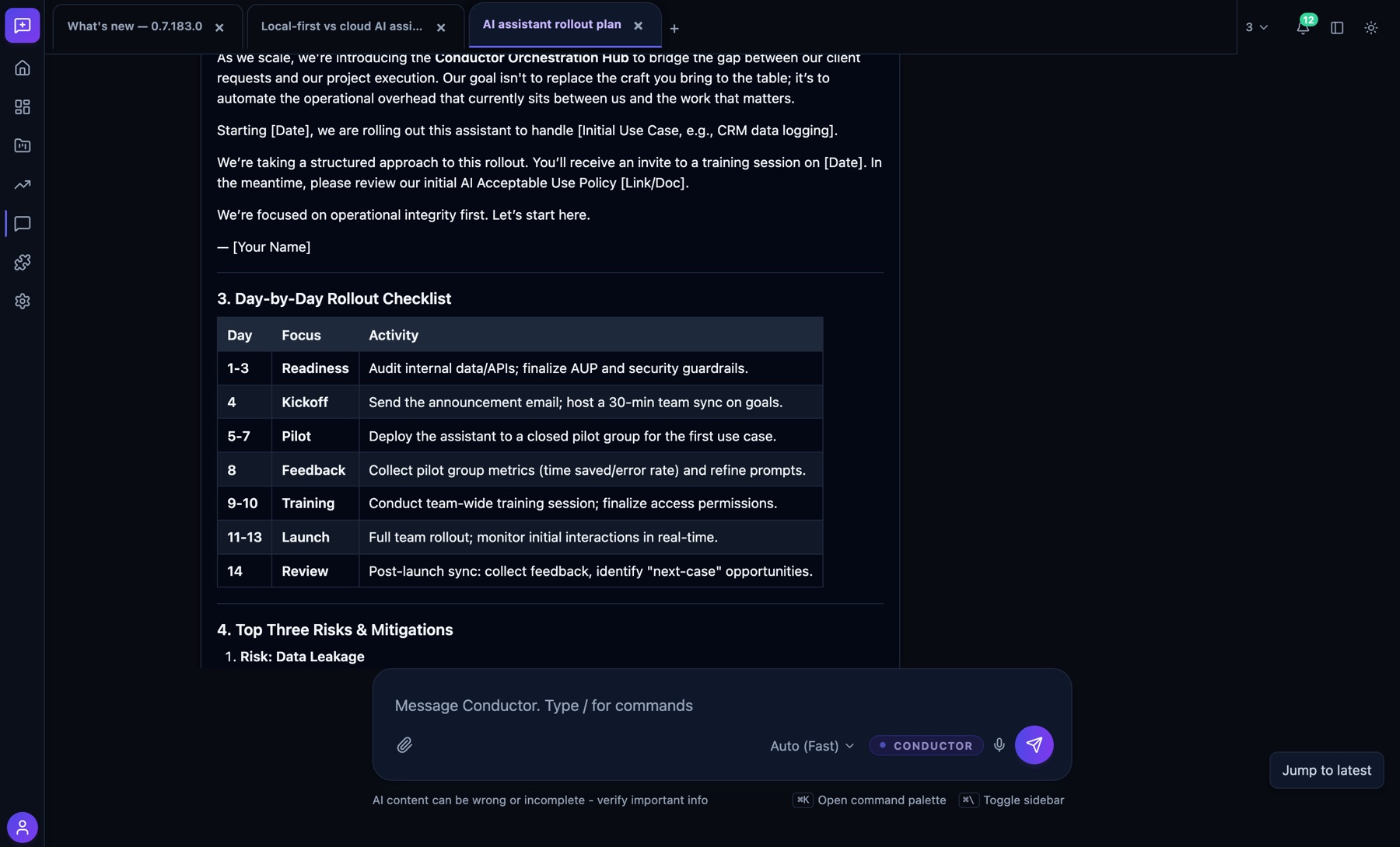 The same rollout plan in Conductor's dark theme