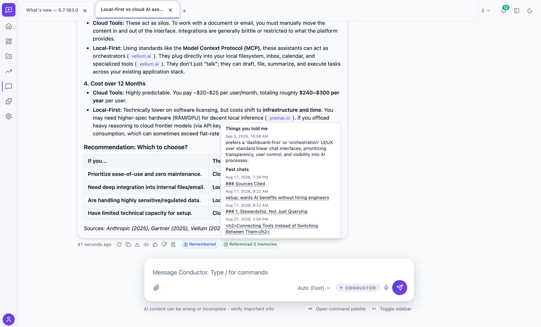 The Referenced memories popover showing the memories behind an answer